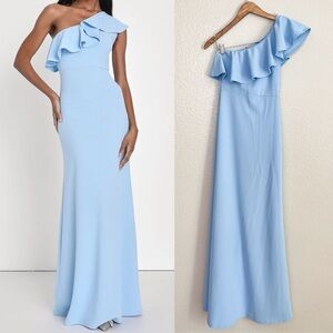 Last Forever Powder Blue One-Shoulder Ruffle Maxi Dress
